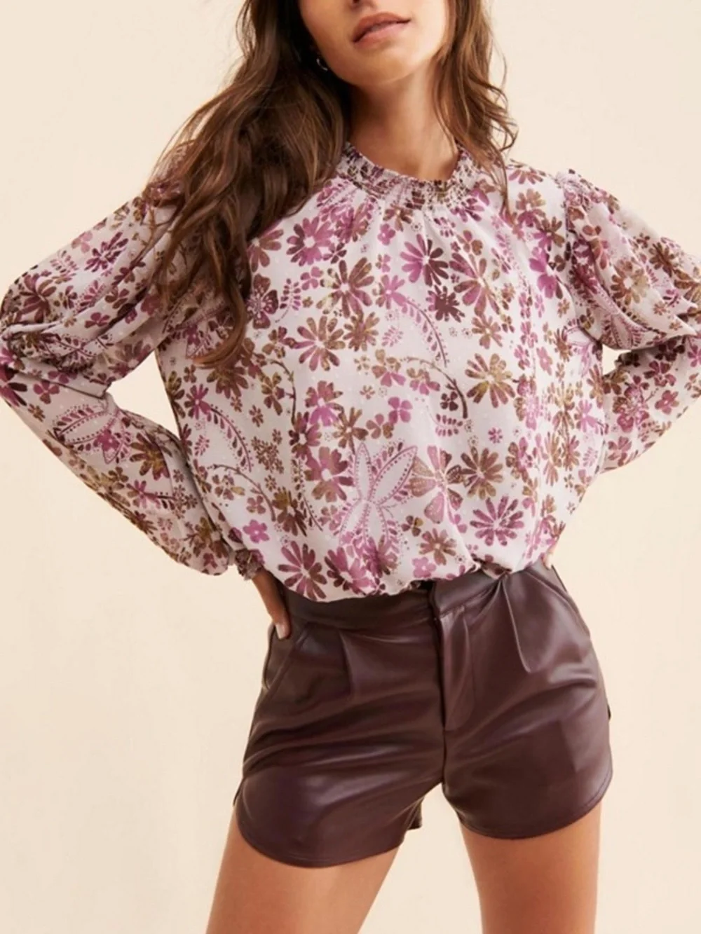 Free People Clarissa  Lilac Floral Long-sleeve Blouse NWOT Summer Reversible  S